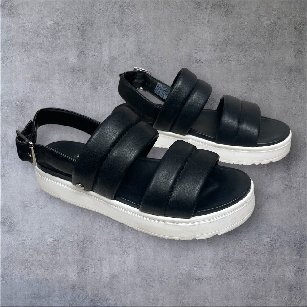 UGG Zayne Slingback Platform Sandals Black Puffer Leather Womens 7.5 Chunky Lug
